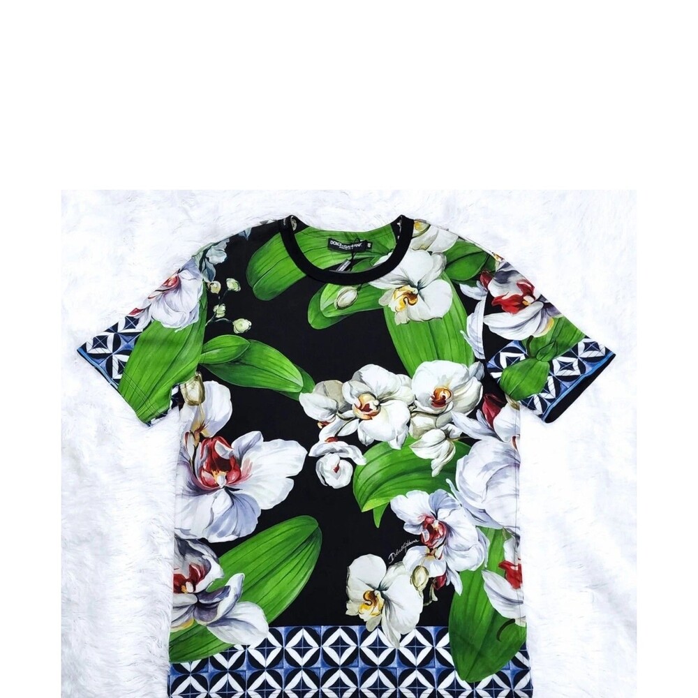 Dolce & Gabbana Elegant Orchid Print Crewneck T-shirt Black sz 52 (2XL)